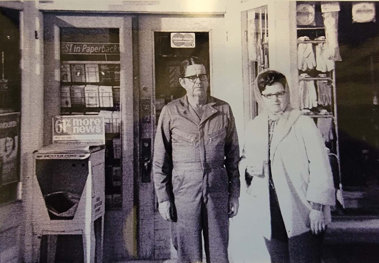 Matt Paxton’s grandparents in front of their Colorado store.