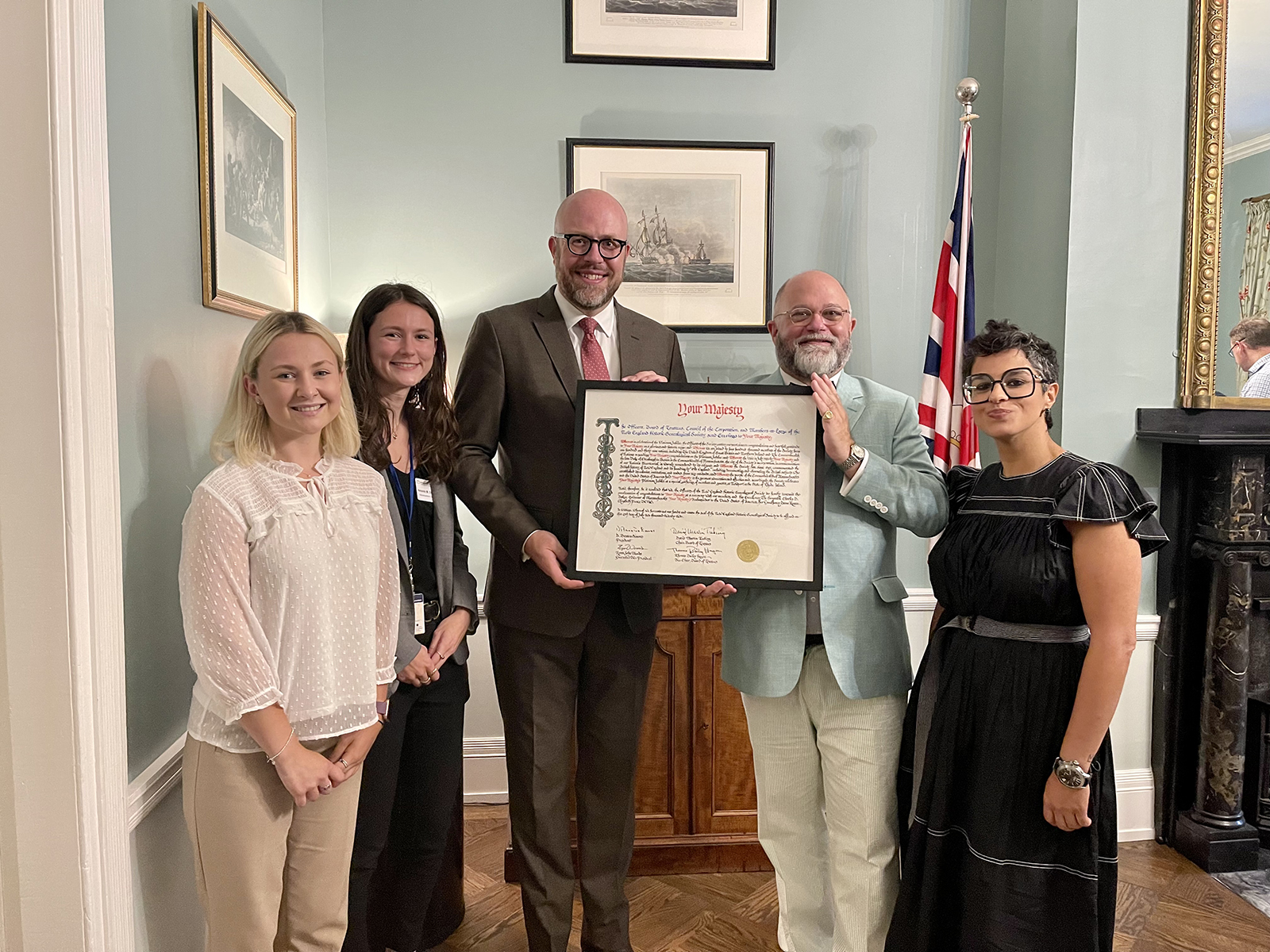 Dr Peter Abbott, British Consul to New England, with Simons and his colleagues from the Society at a reception at the Consul’s Residence, Boston, for Saltire interns and host organizations, 2022