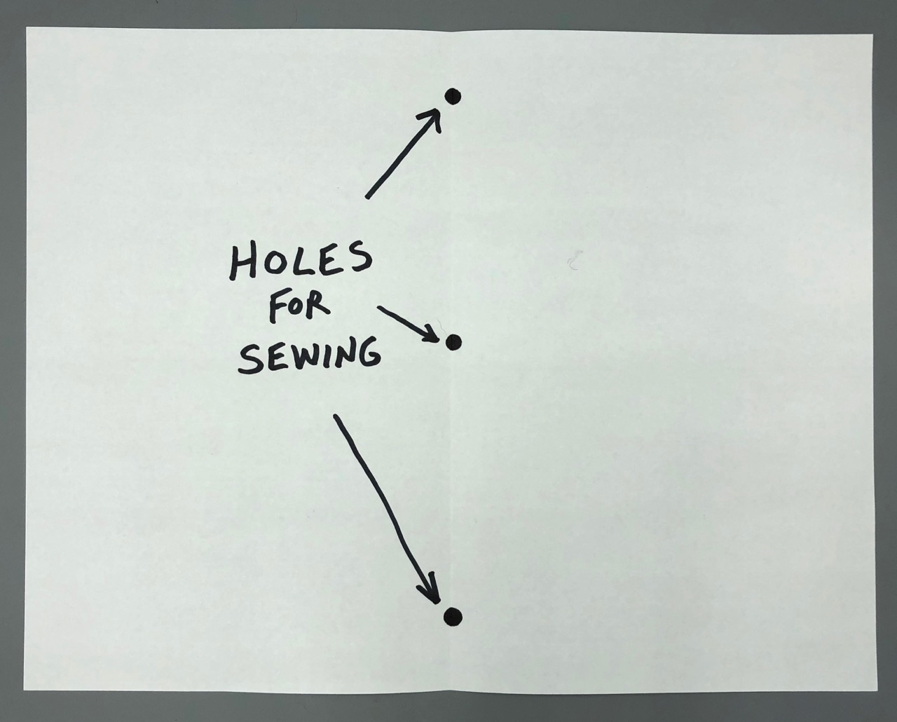 Three holes in paper along center fold line