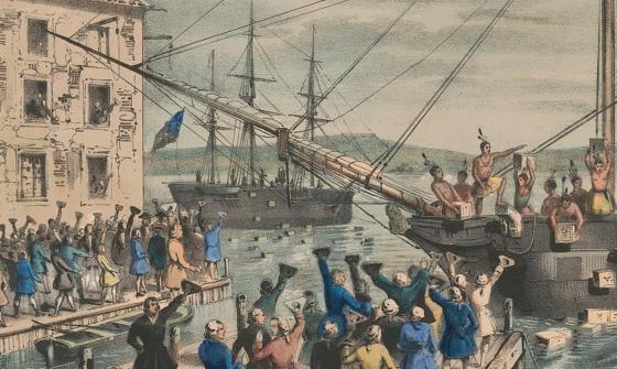 Destruction of tea at Boston Harbor Library of Congress