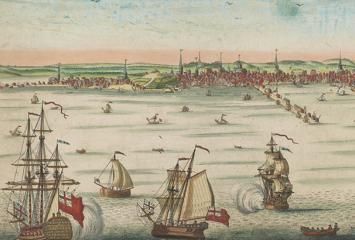 Illustration of ships with sails in a harbor