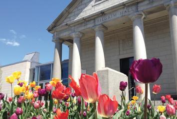 pilgrim hall museum with tulips