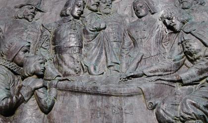 The Odyssey of Isaac Allerton Pilgrim Monument with the Mayflower Compact bas-relief