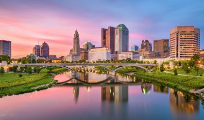 Ohio research Columbus, Ohio, USA skyline on the river at dusk