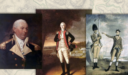 Colonel Walter Stewart, 2nd Pennsylvania Regiment, Commodore John Barry, Navy, first commissioned American naval officer, and two soldiers from 62nd Regiment of Foot