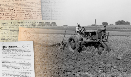 land records and a man plowing a field