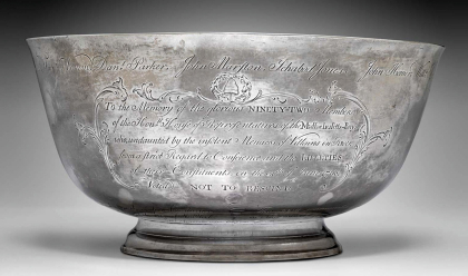 Paul Revere Jr. (1734-1818), Sons of Liberty Bowl, Boston, Massachusetts, 1768. Silver; H. 5 ½ in., Diam. lip 11 in., Wt. 45 oz. Museum of Fine Arts, Boston; Museum purchase with funds donated by contribution and the Francis Bartlett Donation of 1912 (49.45). 