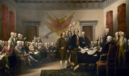 Declaration of Independence, depicting the five-man drafting committee of the Declaration of Independence presenting their work to the Congress. 