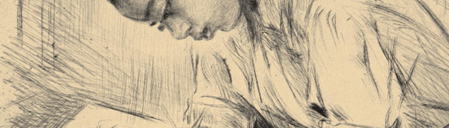 Illustration of young Black child writing on paper