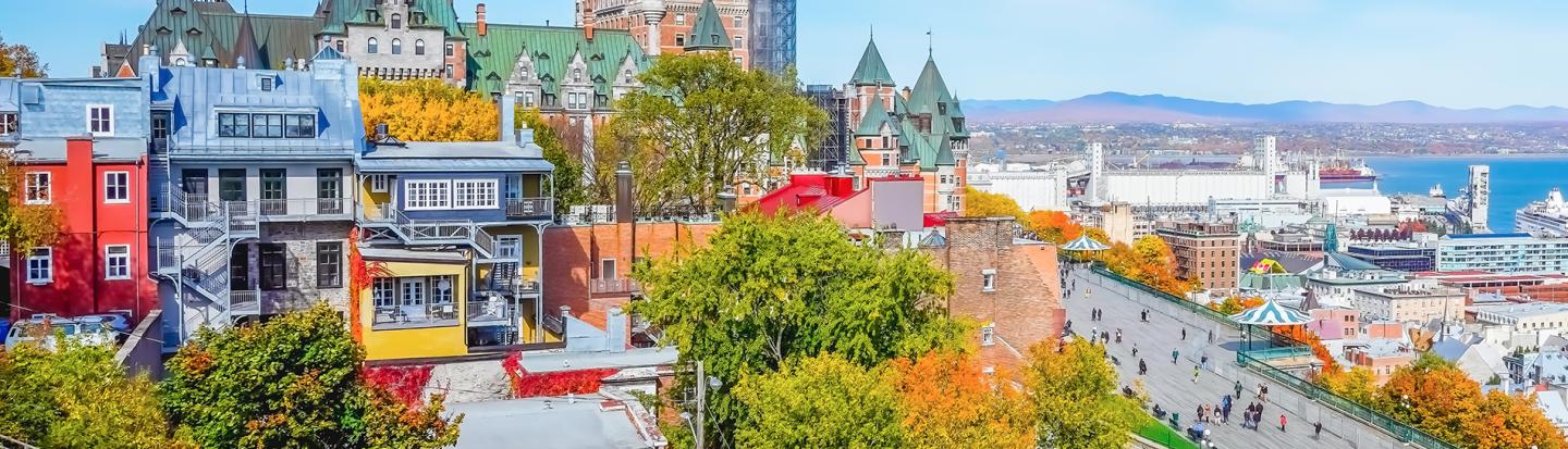 Skyline view of Old Quebec City with iconic Chateau Frontenac and Dufferin Terrace
