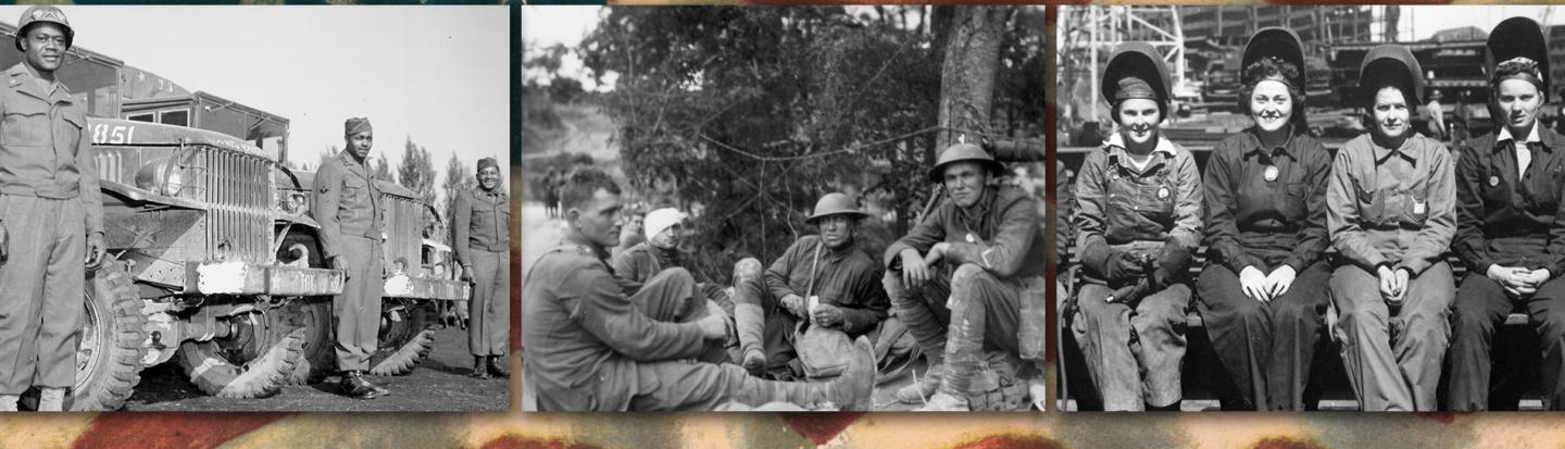 event-stories-war-wartime.jpg 82nd Airborne Division, allied World War I soldiers, and women welders