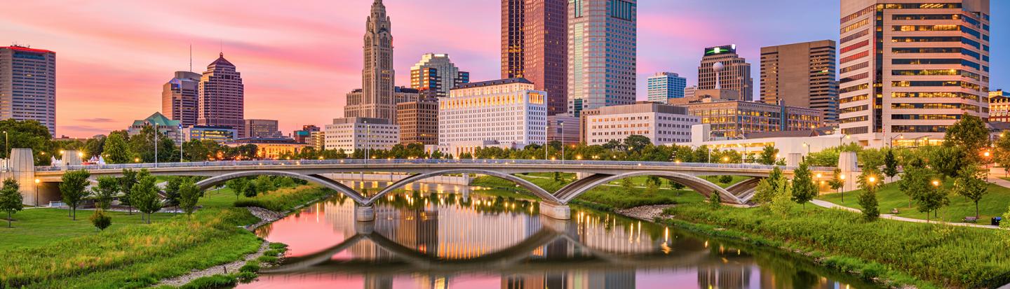 Ohio research Columbus, Ohio, USA skyline on the river at dusk