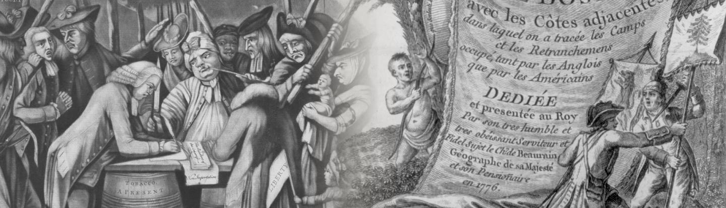 &quot;Virginian loyalist&quot; being forced to sign a document and patriot raises a knife to defend the American banner