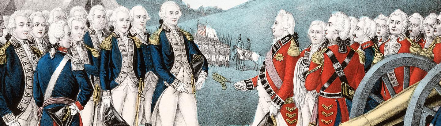 Revolutionary War Research: Tracing Patriot and Loyalist Ancestors Colored print of Cornwallis handing his sword to Washington. The American troops stand on the left, the British on the right.