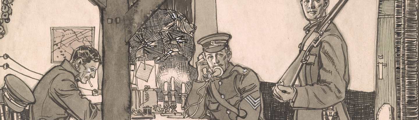 For Those Who Served: Military Research from Colonial Conflicts to World War II Drawing shows four soldiers inside a house