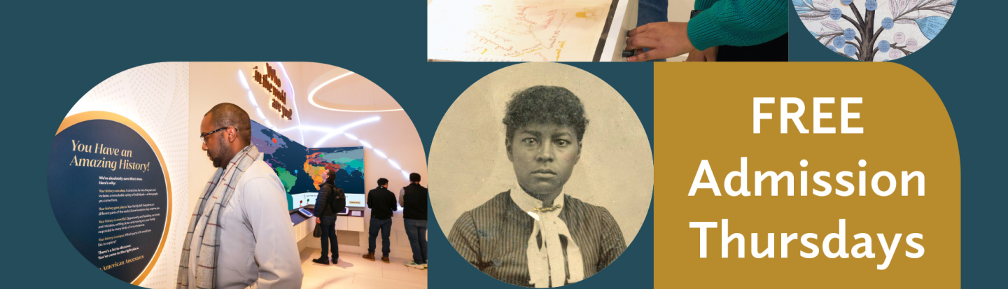 Collage image featuring people enjoying the Family Heritage Experience exhibition with the words "Visit the Family Heritage Experience for free" underneath