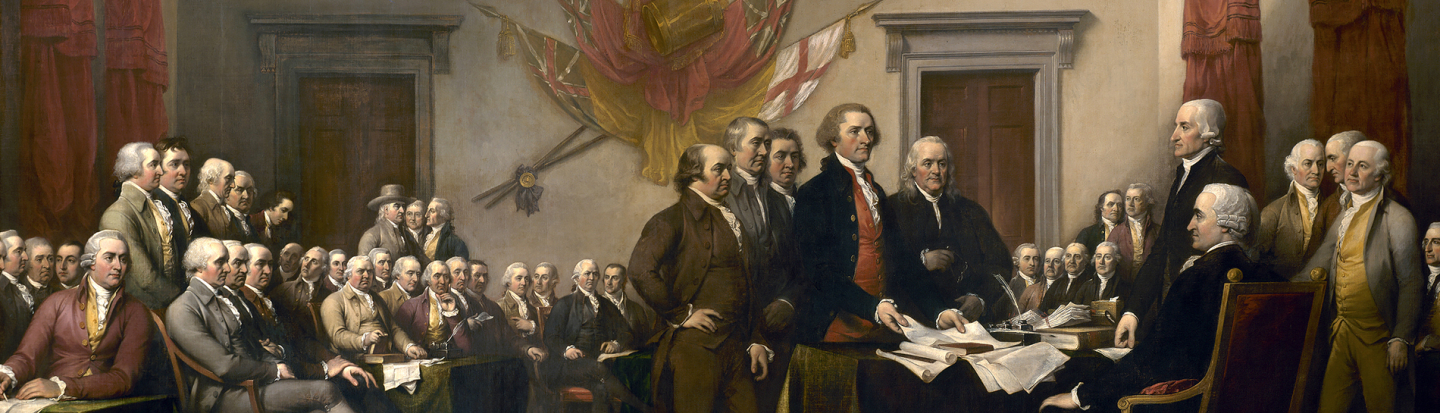 Declaration of Independence, depicting the five-man drafting committee of the Declaration of Independence presenting their work to the Congress.