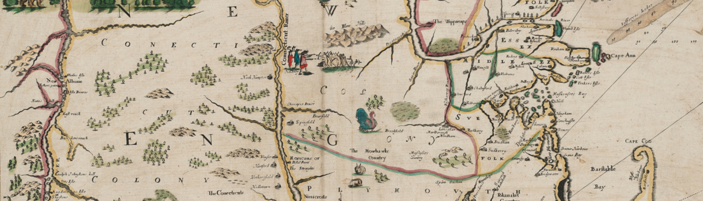 Map of New England printed by John Seller John in 1675 CE, based on William Reed's original survey of 1665 CE.