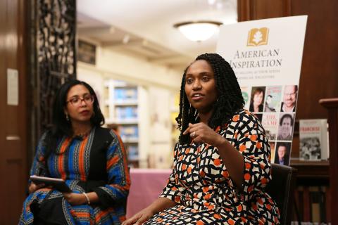 Marcia Chatelain takes a question while Callie Crossley listens