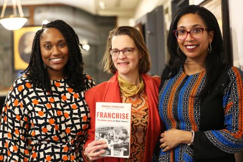 Marcia Chatelain, Margaret Talcott, and Callie Crossley pose with Franchise book cover