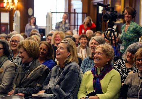 View of smiling crowd at Gail Collins American Inspiration event