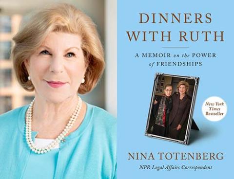 Photo of Nina Totenberg with book cover Dinners With Ruth