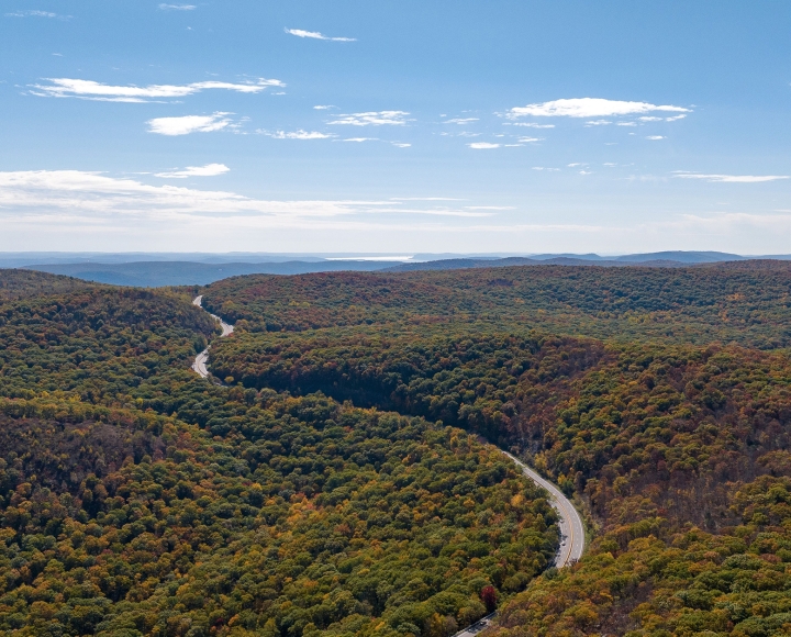 aerial view over Storm King Mountain in upstate New York