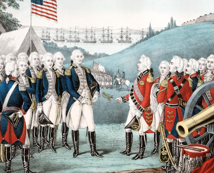 Colored print of Cornwallis handing his sword to Washington. The American troops stand on the left, the British on the right.