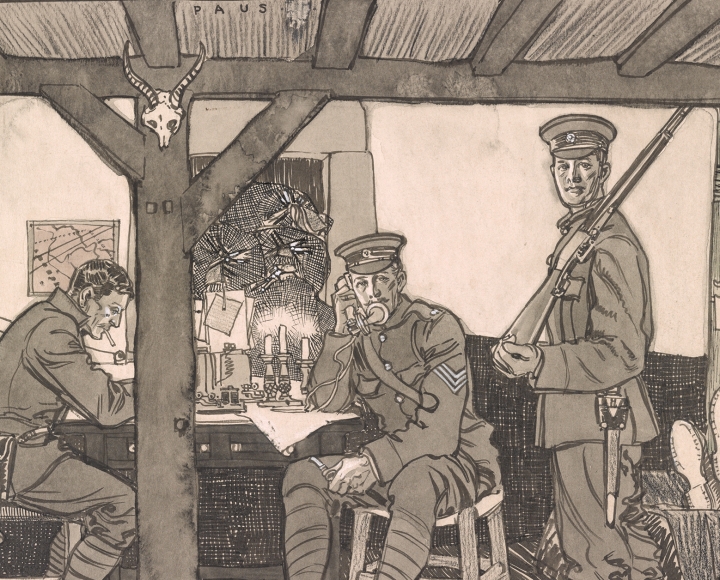 Drawing shows four soldiers inside a house