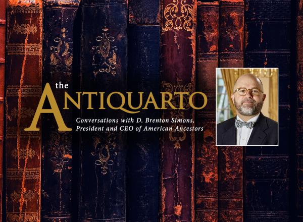 Antiquarto logo with bookshelf background and photo of Brenton Simons