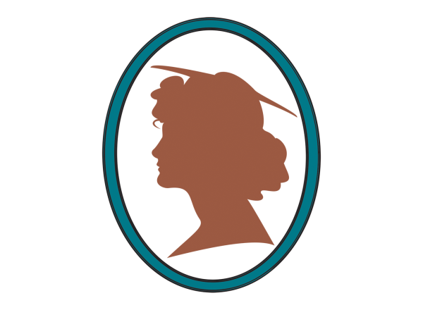 Silhouetted profile of a woman wearing a hat, inside an oval picture frame