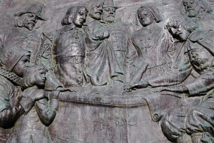 The Odyssey of Isaac Allerton Pilgrim Monument with the Mayflower Compact bas-relief
