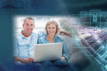 man and woman on a laptop with dna computer graphics
