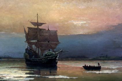 Mayflower in Plymouth Harbor, by William Halsall