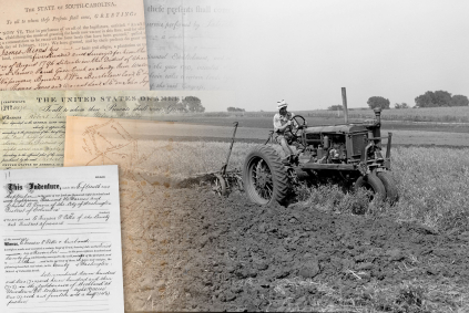 land records and a man plowing a field