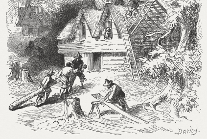 Construction of the first houses in Plymouth, Massachusetts Bay Colony, 1620. Wood engraving after a drawing by Felix Darley (American illustrator and engraver, 1824 - 1888), published in 1876.