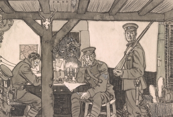 Drawing shows four soldiers inside a house