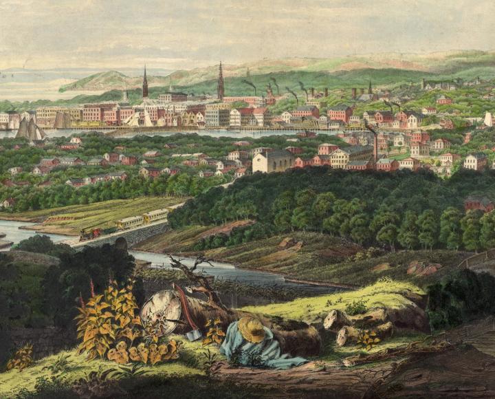 Illustration of vista and town in Connecticut